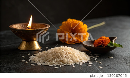 Minimalistic Composition of Diya Light and Rice 130287046