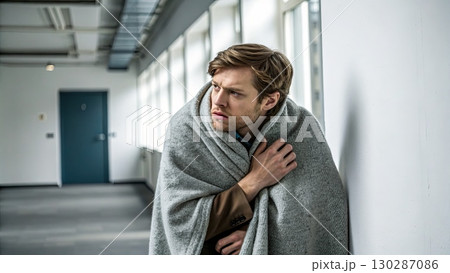 Young Man with Pneumonia Wrapped in Blanket Indoors 130287086
