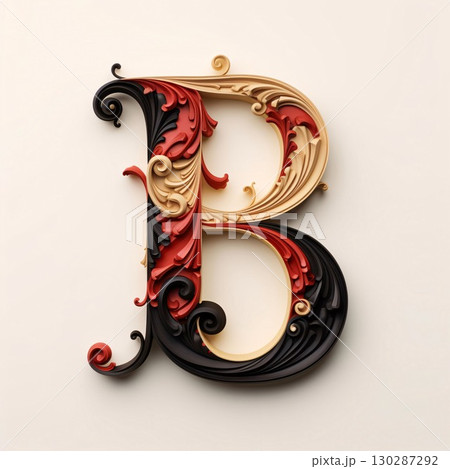3d illustration of capital letter B in the form of carved wood with decorative elements 130287292