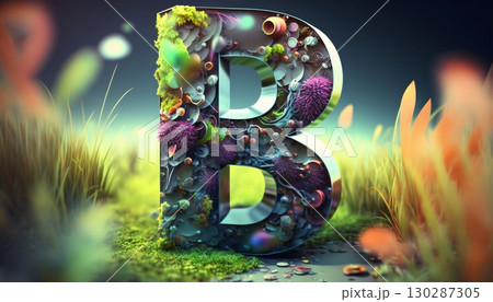 3d illustration of letter B in the grass with moss and plants 130287305