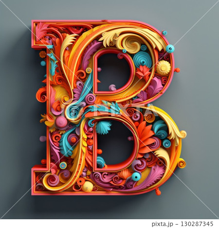 Colorful letter B with floral ornament. 3D illustration, 3D rendering Colorful letter B with floral ornament. 3D illustration, 3D rendering 130287345