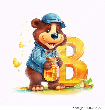 Illustration of a bear with a jar of honey and a letter B Illustration of a bear with a jar of honey and a letter B 130287389