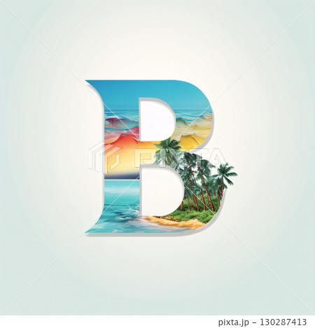 Alphabet letter B with beach and palm tree. Vector illustration. 130287413