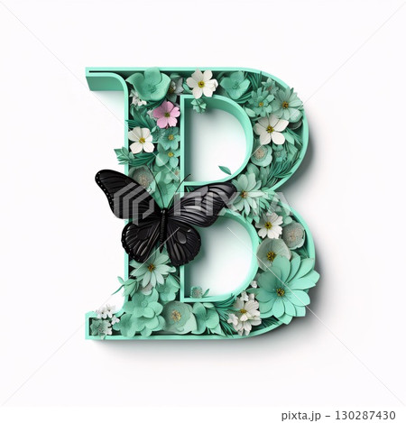 Butterfly font. Letter B decorated with flowers and leaves. 130287430