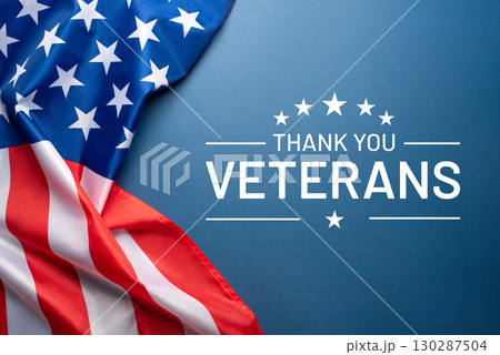 Veterans day. Blue background with American flag. Website banner and greeting card design template. 130287504