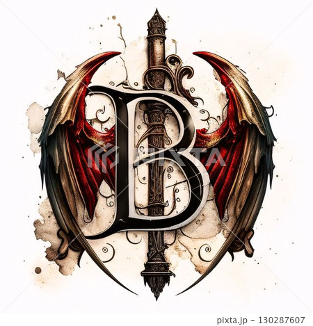 Tattoo art, sketch illustration of letter B with winged lion 130287607