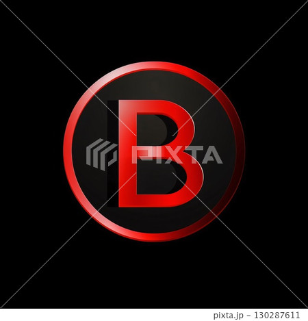 Vector illustration of letter B in red circle on black background. Isolated. 130287611