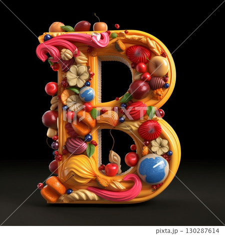Letter B made from fruits and berries. 3D illustration. Black background. Letter B made from fruits and berries. 3D illustration. Black background. 130287614