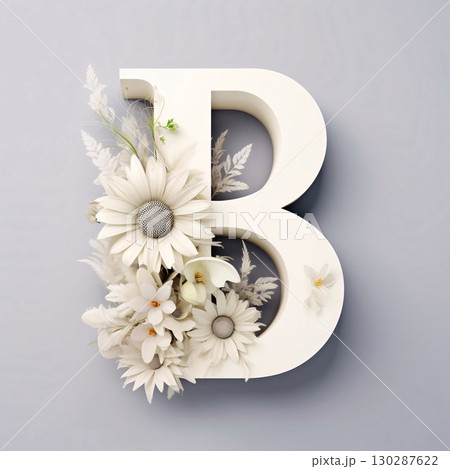 White letter B with flowers on a gray background. 3d rendering 130287622