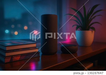 Smart Voice Speakers On Cozy Shelf With Ambient Neon Lighting Smart Voice Speakers On Cozy Shelf With Ambient Neon Lighting 130287647