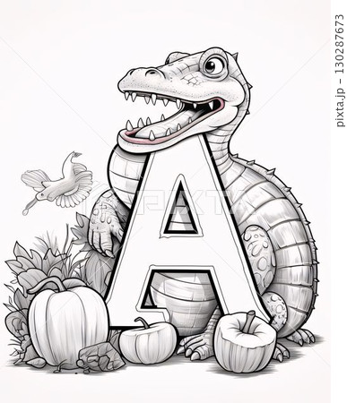 Cute crocodile alphabet letter A with pumpkins and birds illustration. 130287673