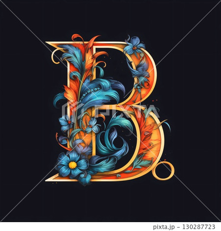 Vintage capital letter B with floral ornament in blue and orange. Vintage capital letter B with floral ornament in blue and orange. 130287723