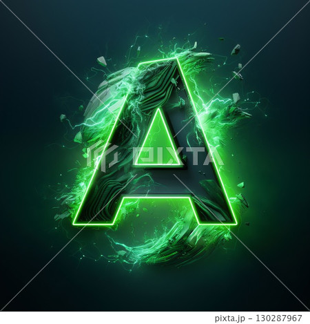 Letter A in green neon style on dark background. 3d rendering 130287967