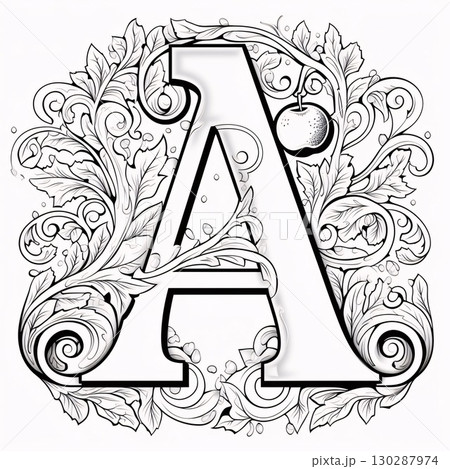 Alphabet with floral ornament. Letter A. Hand drawn vector illustration. 130287974