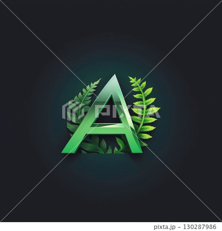 Green letter A with fern leaves on black background. Vector illustration. 130287986