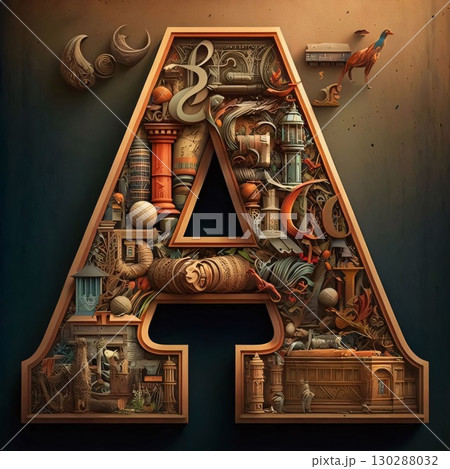 Letter A made of fantasy objects and symbols. 3D rendering. letter A 130288032
