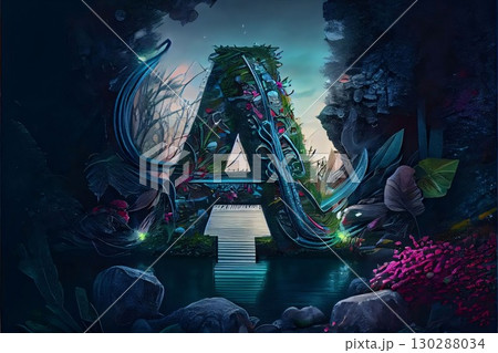 3d illustration of a fantasy portal in the water with a lot of vegetation letter A 3d illustration of a fantasy portal in the water with a lot of vegetation letter A 130288034