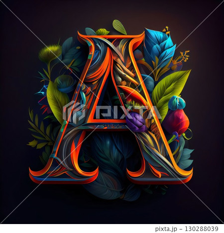 Artistic letter A with colorful leaves and flowers. Vector illustration. Artistic letter A with colorful leaves and flowers. Vector illustration. 130288039