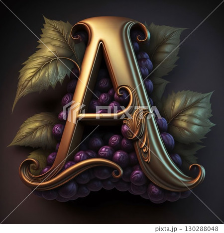 Golden letter A with grapes and leaves, 3d render, square image 130288048