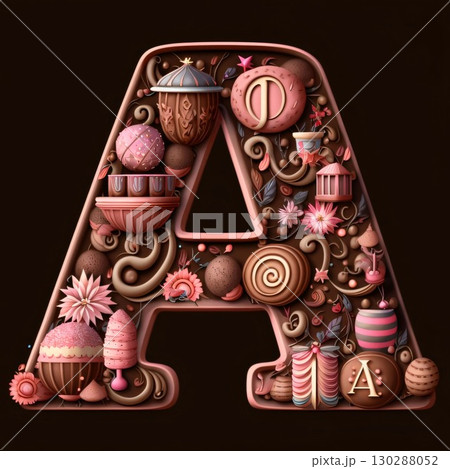 Letter A chocolate alphabet decorated with flowers and candies. 3D rendering 130288052