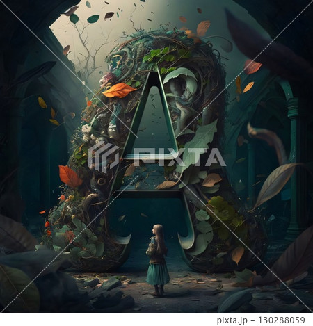 3D illustration of a little girl standing in front of an alphabet letter A 130288059