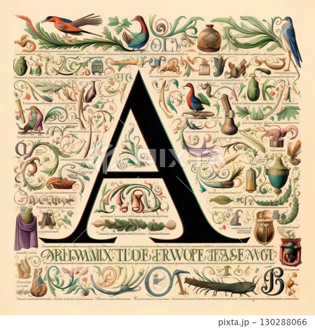 Vintage alphabet. Capital letter A with hand drawn ornaments Vintage alphabet. Capital letter A with hand drawn ornaments 130288066