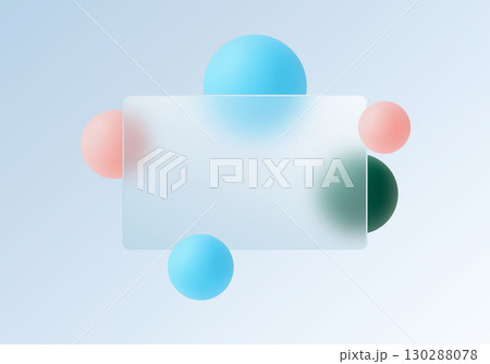 Vector glassmorphism rectangle with colorful spheres on blue background 130288078