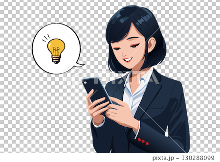 AI-generated woman in a suit operating a smartphone AI-generated woman in a suit operating a smartphone 130288099