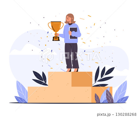 Winner trophy celebration podium achievement businesswoman standing on first place confetti leaves abstract background flat design 130288268