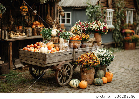 Autumn Fair. Autumn vegetables and flowers stand on a wooden cart at a farmers market. 130288386
