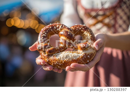 Classic German pretzel close-up in hands of young woman in traditional Bavarian dress at folklore and beer festival. Oktoberfest. Classic German pretzel close-up in hands of young woman in traditional Bavarian dress at folklore and beer festival. Oktoberfest. 130288397