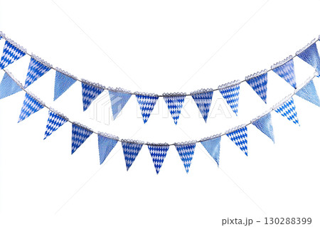 Hanging garland in the colors of the Bavarian flag. Garland in two rows on a white background. Copy space. Hanging garland in the colors of the Bavarian flag. Garland in two rows on a white background. Copy space. 130288399