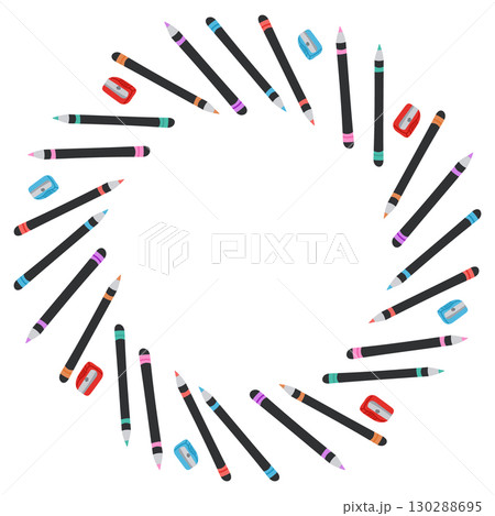 Colorful wreath made of black pencils and sharpeners arranged in a circular frame Colorful wreath made of black pencils and sharpeners arranged in a circular frame 130288695