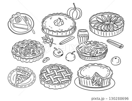Black and white illustration of various sweet pies, slices, fruits and spices Black and white illustration of various sweet pies, slices, fruits and spices 130288696