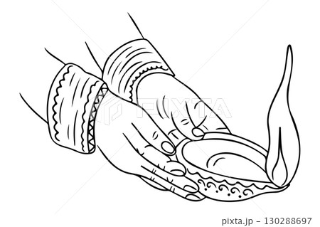 Line art of hands gently holding a lit diya oil lamp with traditional patterns Line art of hands gently holding a lit diya oil lamp with traditional patterns 130288697