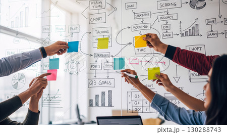 Business team collaborating on glass whiteboard, diverse group of people planning quarterly goals with sticky notes and flowcharts in modern office. 130288743