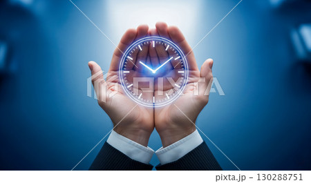 Businessman hands holding glowing clock icon, business time management and efficiency concept, deadline and schedule control on blue background, save time. 130288751