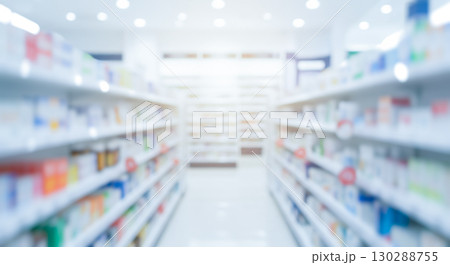 Abstract blur pharmacy background, brightly lit drugstore aisle with shelves of medicine, healthcare and medical retail concept for product display and presentation Abstract blur pharmacy background, brightly lit drugstore aisle with shelves of medicine, healthcare and medical retail concept for product display and presentation 130288755