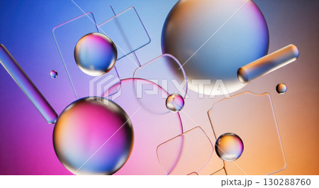 Abstract background with 3d glass shapes and spheres, glassmorphism design on colorful gradient, modern composition for creative technology and business presentation backdrop. 130288760