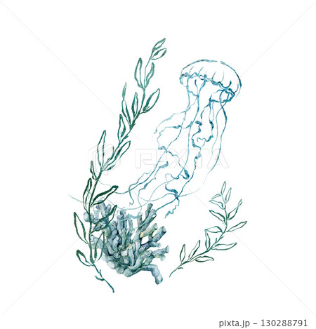 Watercolor ocean coral composition of branches and jellyfish. Underwater plant illustration isolated on white background. For design, prints, fabric or background. 130288791