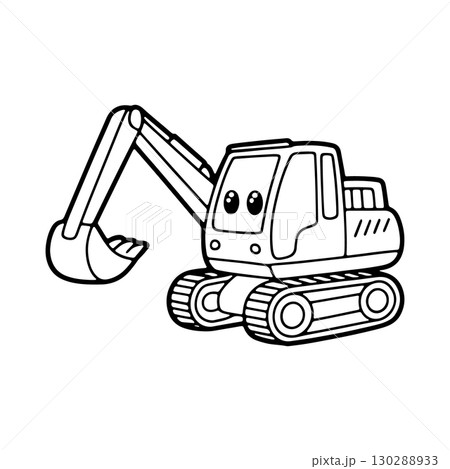 Cute cartoon excavator working on construction site during daytime with happy expression 130288933