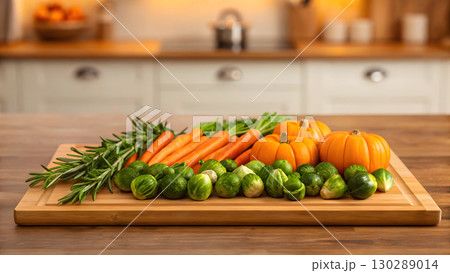 Fresh vegetables and pumpkins arranged neatly on a wooden kitchen countertop for cooking 130289014