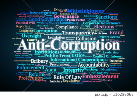 Anti-Corruption Word Cloud. Key Terms On Integrity, Accountability, Transparency, Governance, Fraud, Bribery, Justice, And Global Efforts To Combat Corruption. Anti-Corruption Word Cloud. Key Terms On Integrity, Accountability, Transparency, Governance, Fraud, Bribery, Justice, And Global Efforts To Combat Corruption. 130289065