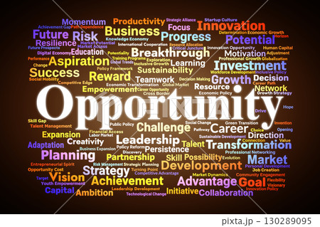 Opportunity Word Cloud. Key Concepts On Growth, Potential, Strategy, Leadership, Innovation, And Development Across Business, Career, And Global Perspectives. 130289095