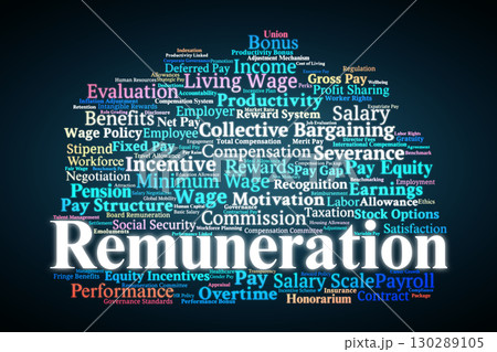 Remuneration Word Cloud. Key Concepts On Salary, Wages, Compensation, Benefits, Incentives, And Labor Rights In Workforce And Organizational Management. Remuneration Word Cloud. Key Concepts On Salary, Wages, Compensation, Benefits, Incentives, And Labor Rights In Workforce And Organizational Management. 130289105