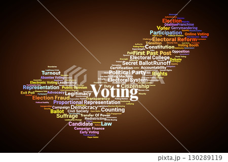 Voting Word Cloud. Key Concepts On Elections, Democracy, Ballots, Citizens, Rights, Political Parties, And Electoral Systems In Modern Governance. Voting Word Cloud. Key Concepts On Elections, Democracy, Ballots, Citizens, Rights, Political Parties, And Electoral Systems In Modern Governance. 130289119