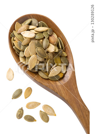 Pumpkin seeds on wooden spoon, healthy snack or cooking ingredient isolated on transparent background 130289126