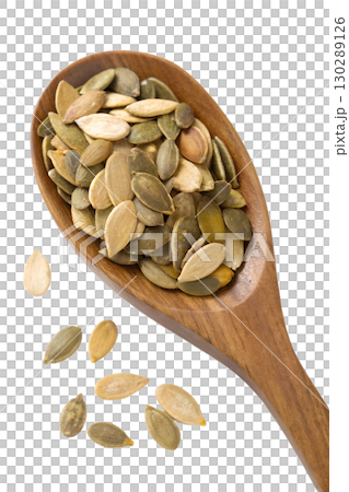 Pumpkin seeds on wooden spoon, healthy snack or cooking ingredient isolated on transparent background 130289126