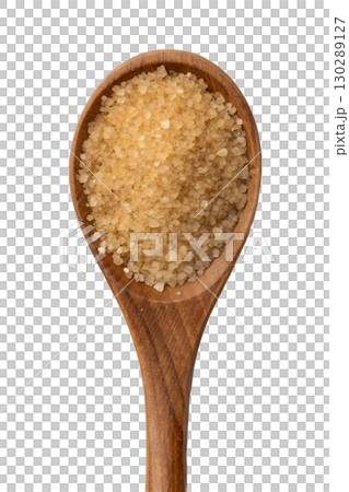 Brown sugar granules in wooden spoon, natural sweetener isolated on transparent background, top view 130289127