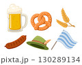 Set of beer glass, pretzel, ears of corn, sausage, hat, flag on a white. Okroberfest 130289134